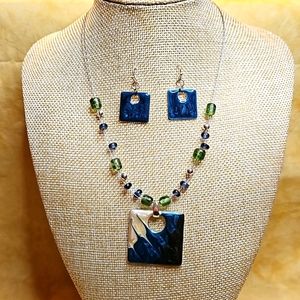✨️UPDATED✨Charming Charlie Blue Green Enamel Swirl Square Necklace & Earring Set
